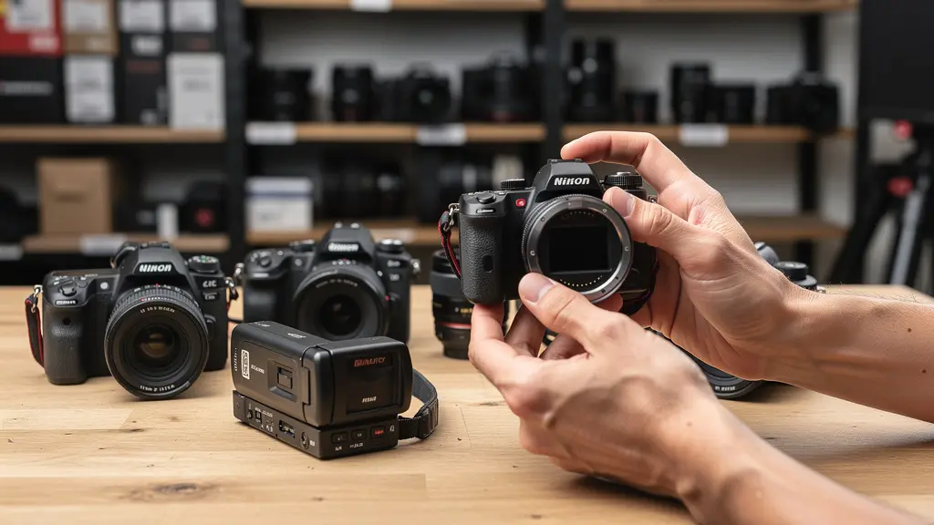 Plusieurs appareils hybrides et caméscopes disposés sur table de travail pour comparaison