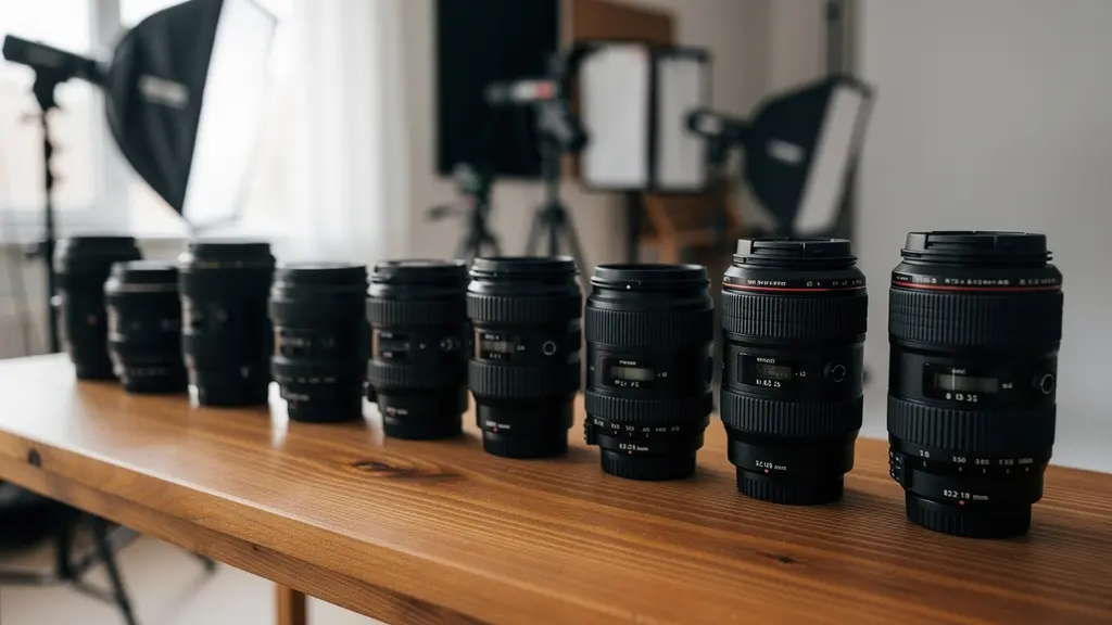 Collection d'objectifs photographiques de différentes focales sur étagère studio