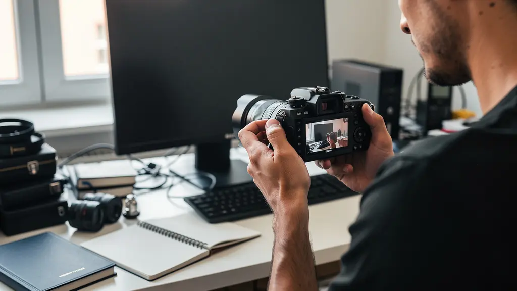 Photographe professionnel découvrant les réglages vidéo sur écran arrière d'un appareil hybride