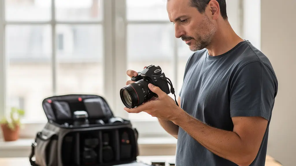 Photographe professionnel vérifiant son appareil hybride avant un shooting portrait