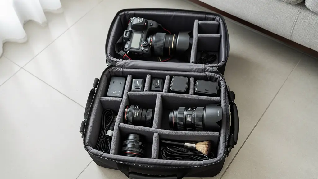 Sac photo professionnel ouvert montrant organisation boîtier et optiques