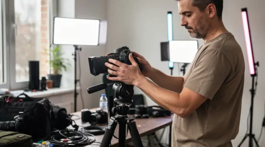 Vidéaste ajustant une caméra hybride sur trépied dans un espace de travail créatif avec éclairage LED