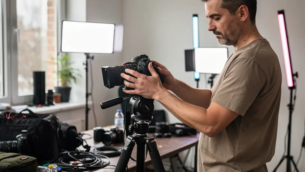 Vidéaste ajustant une caméra hybride sur trépied dans un espace de travail créatif avec éclairage LED