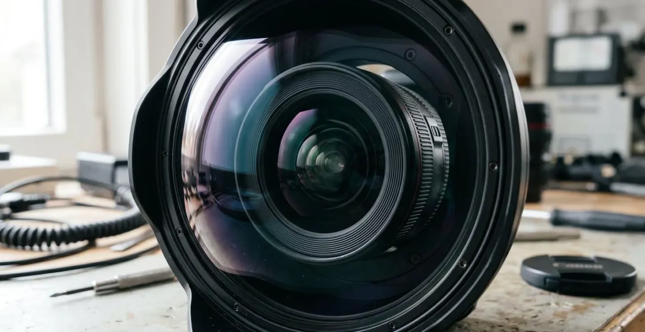 Gros plan sur un hublot dôme en verre optique transparent avec reflets bleutés du traitement multicouches, objectif photo grand-angle visible en arrière-plan à travers le verre courbé