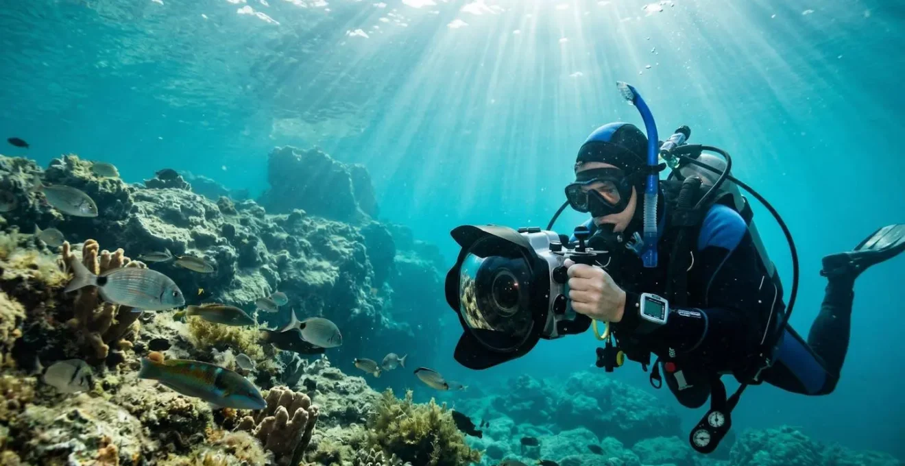 Photographe sous-marin en combinaison de plongée tenant un caisson photo professionnel avec hublot dôme visible, immergé dans une eau méditerranéenne turquoise avec rayons de soleil filtrant depuis la surface