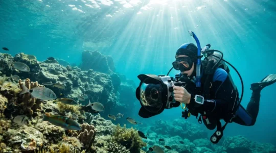 Photographe sous-marin en combinaison de plongée tenant un caisson photo professionnel avec hublot dôme visible, immergé dans une eau méditerranéenne turquoise avec rayons de soleil filtrant depuis la surface