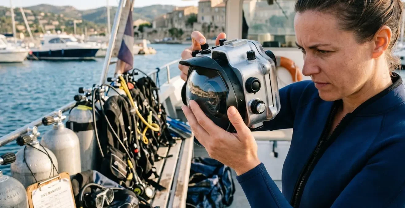 Photographe sous-marin inspectant un hublot dôme de caisson photo sur un pont de bateau de plongée, équipement de plongée visible en arrière-plan, lumière naturelle du jour