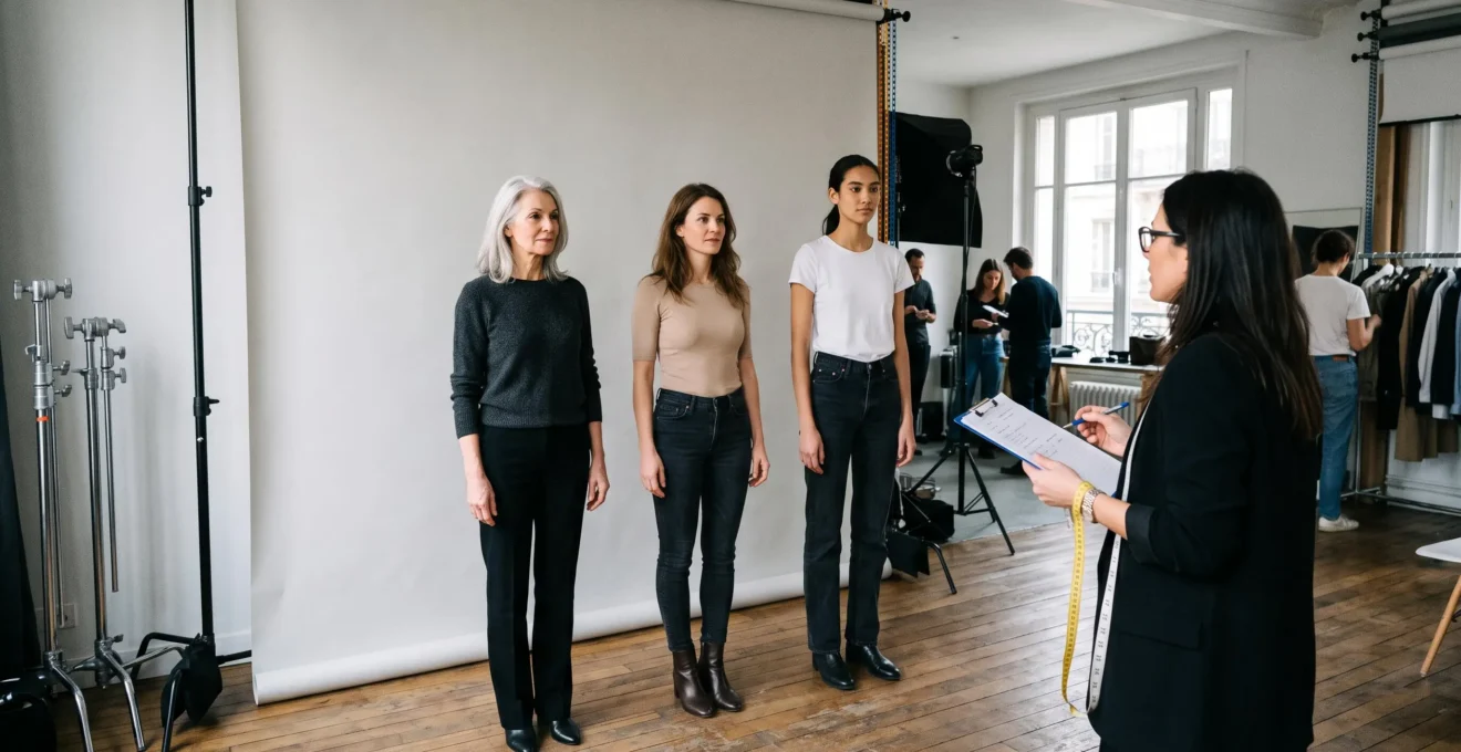 Session de casting dans une agence de mannequins parisienne avec trois profils différents évalués par un professionnel de l'agence