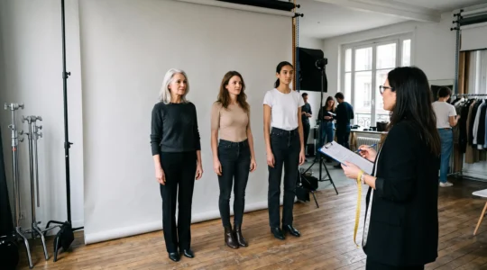 Session de casting dans une agence de mannequins parisienne avec trois profils différents évalués par un professionnel de l'agence