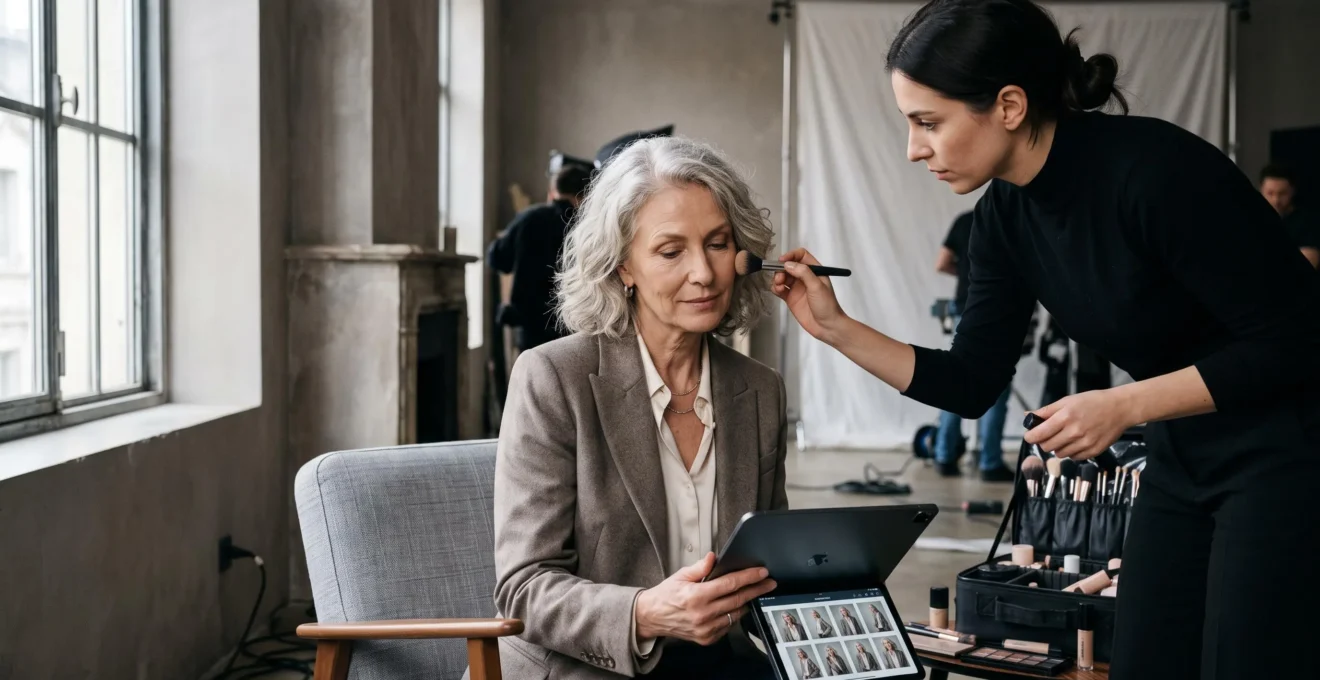 Mannequin senior lors d'une séance photo professionnelle avec maquilleuse dans un studio parisien